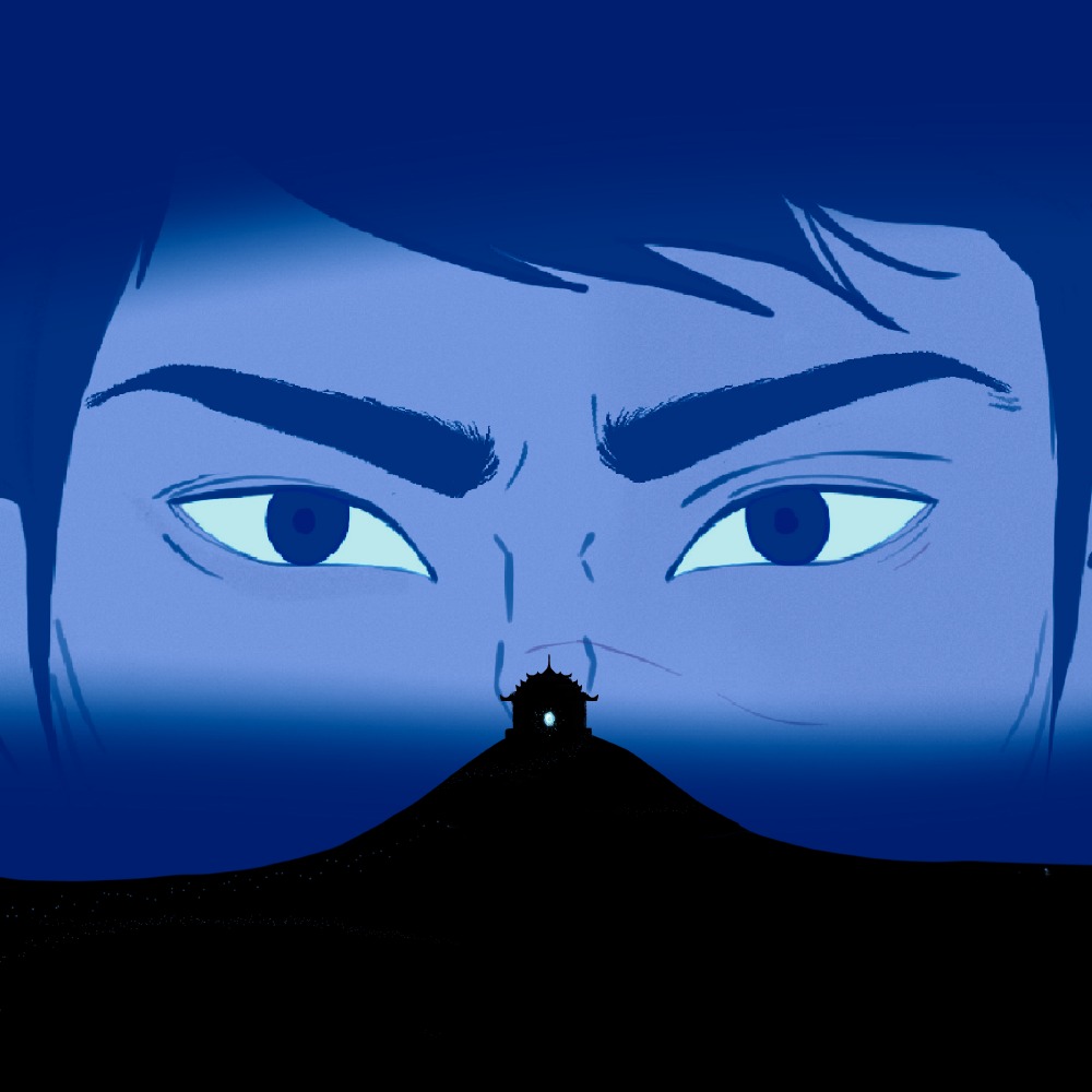Shahmir's eyes over the shrine, silhouetted against the spirit world's cyan spiral