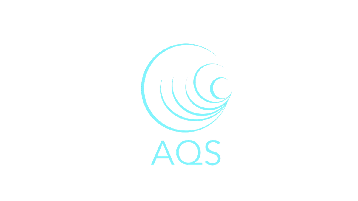 Final AQS logo: a cyan spiral of concentric wave-like arcs above the wordmark AQS