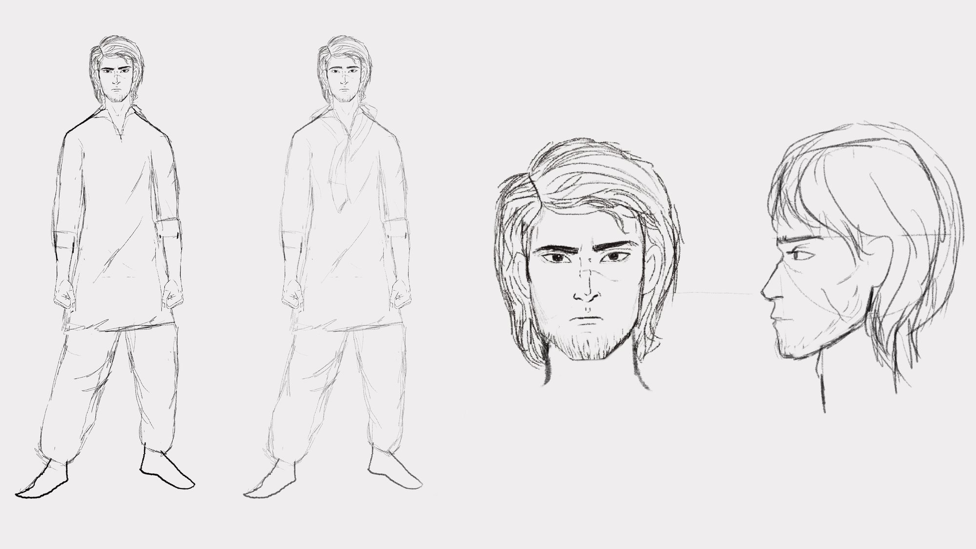 Pencil character turnaround of Shahmir: two full-body sketches in a shalwar kameez, plus front and profile face studies