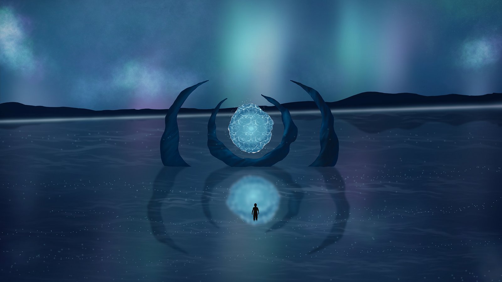 A tiny silhouetted figure stands before a glowing orb cradled by four dark, tentacle-like forms, under an aurora-lit sky