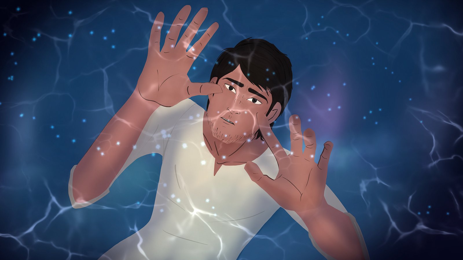 Shahmir with hands raised to his face, surrounded by electric blue cracks of light and floating sparks