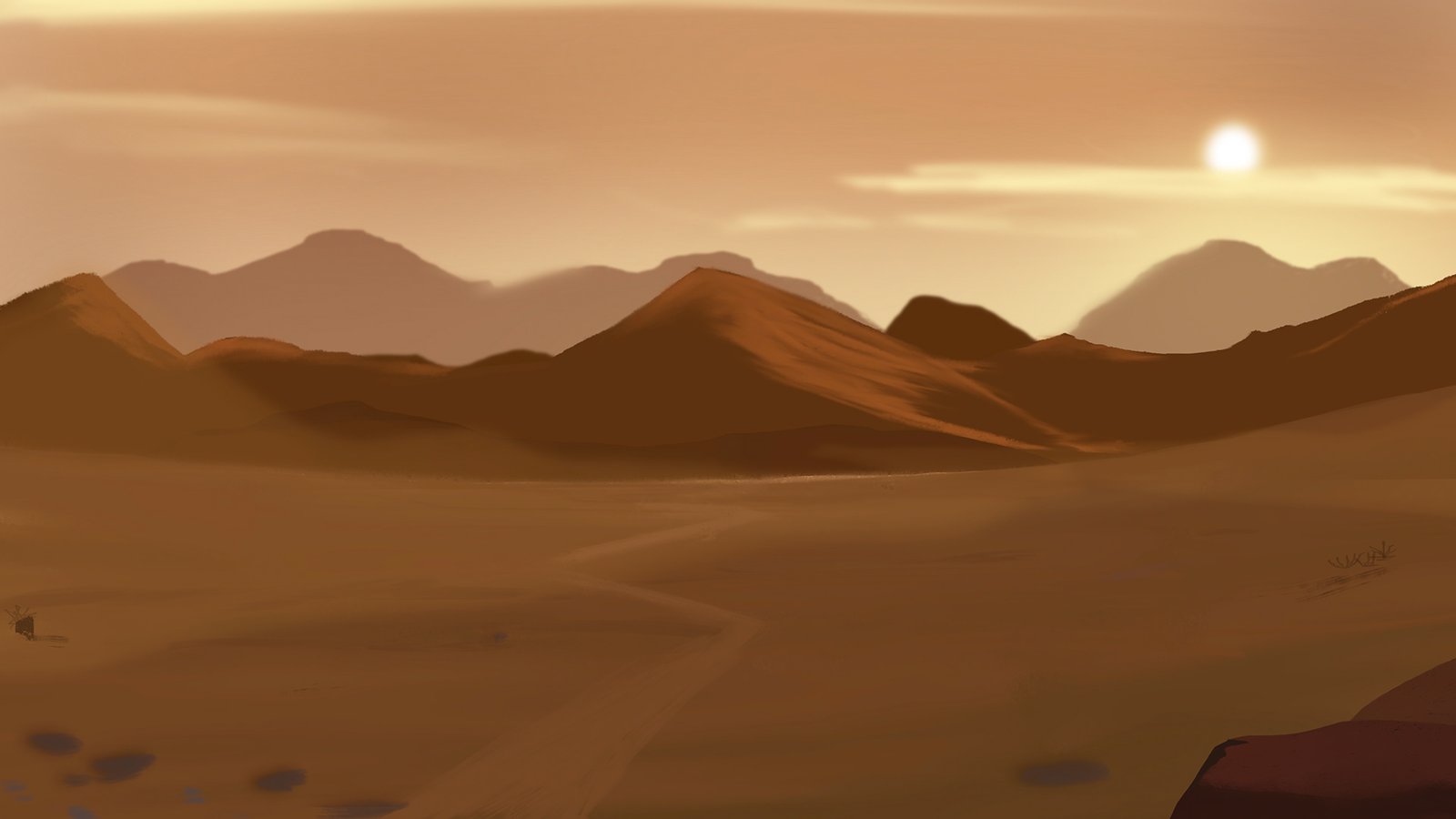 Wide establishing shot of a desolate desert landscape at sunset with distant mountains