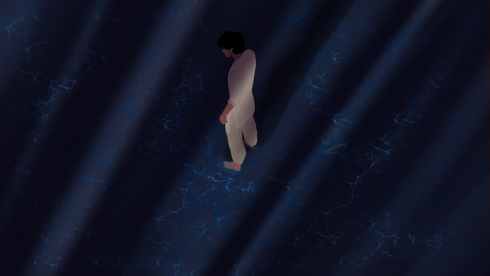 A small figure in white walking through dark blue draped, cracked folds of light, seen from above