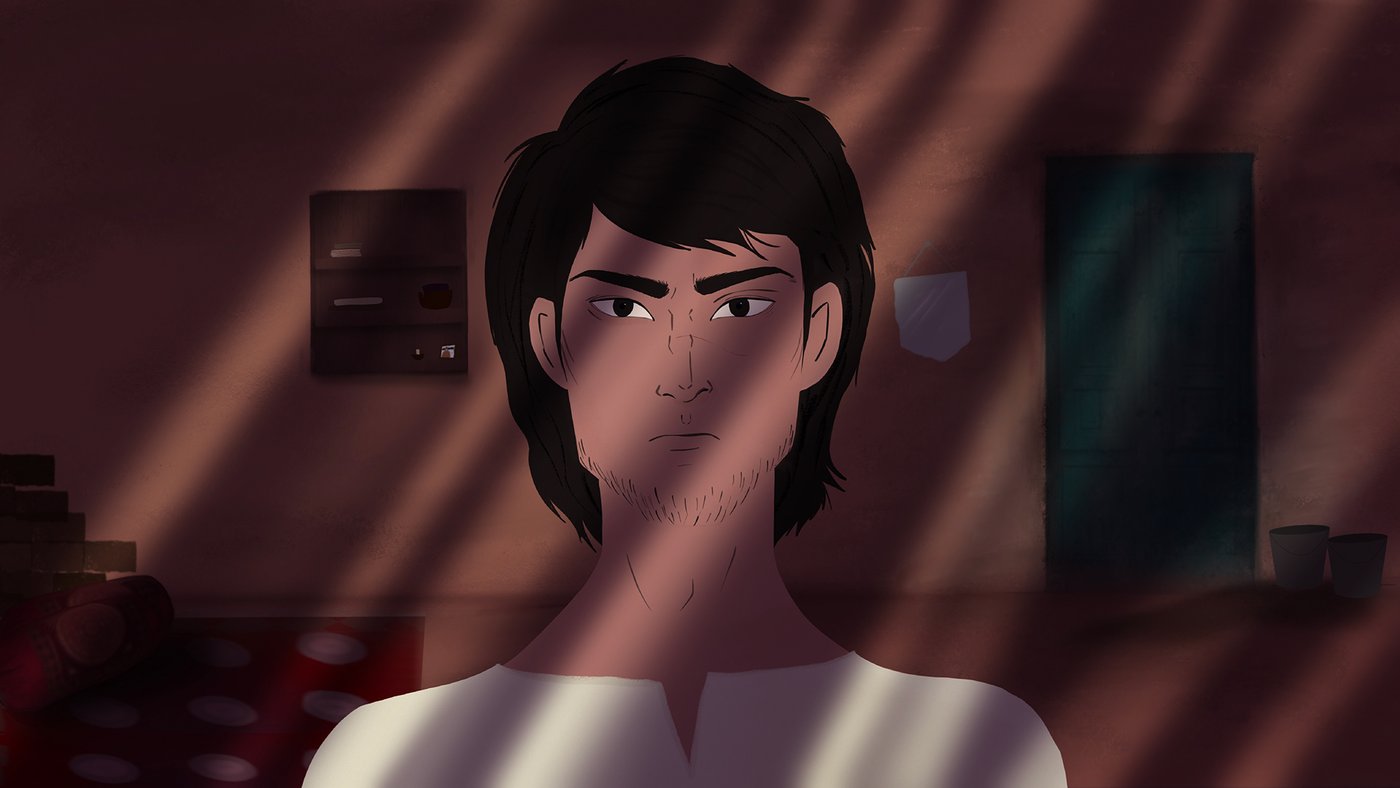 Close-up of Shahmir indoors, lit by window blinds, looking serious
