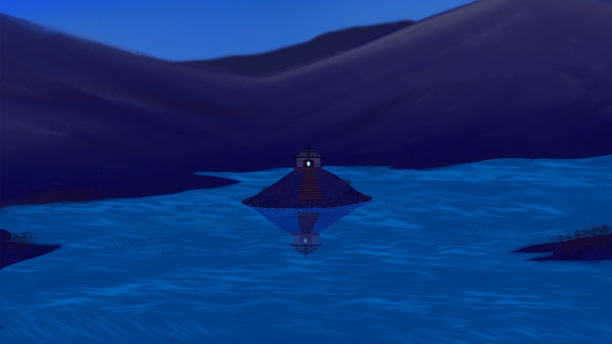 The shrine at night, fully surrounded by rippling water, glowing faintly, reflected below