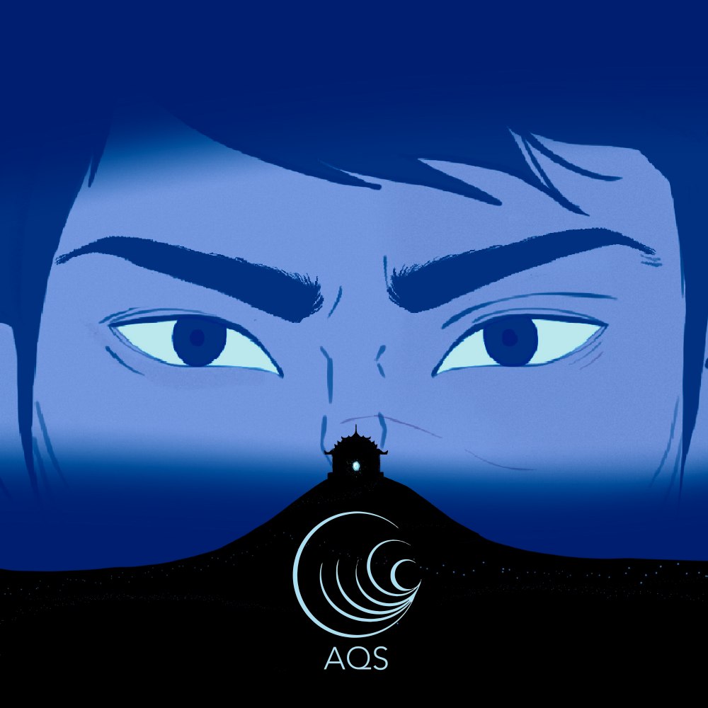 AQS title card: an extreme close-up on Shahmir's eyes, a glowing shrine silhouetted on a hill below, with the AQS logo mark