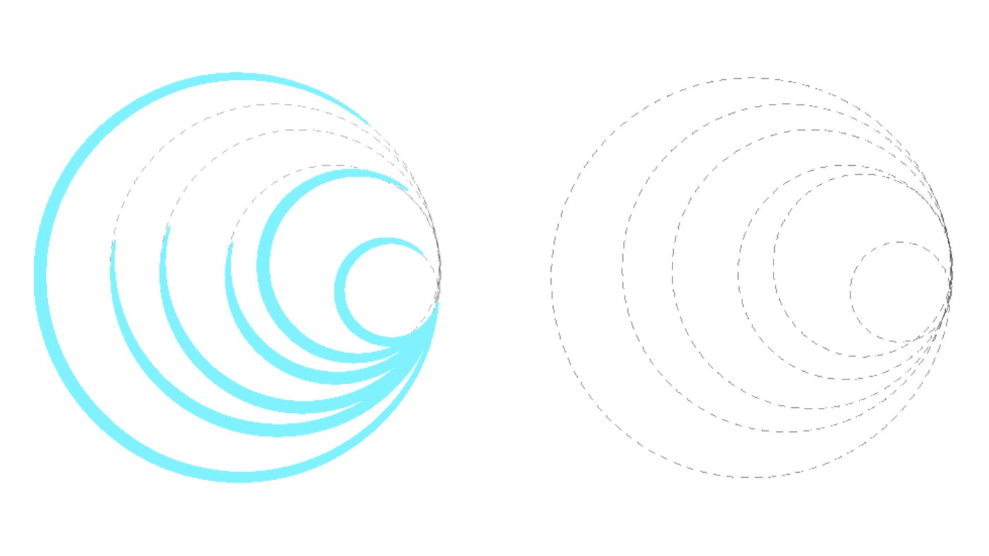 The finished spiral wave mark next to its underlying circular construction guide