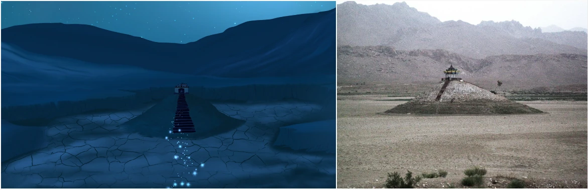 Illustrated frame of a shrine on a hill above a dry, cracked lakebed, next to a real photograph of the same kind of shrine surrounded by parched ground