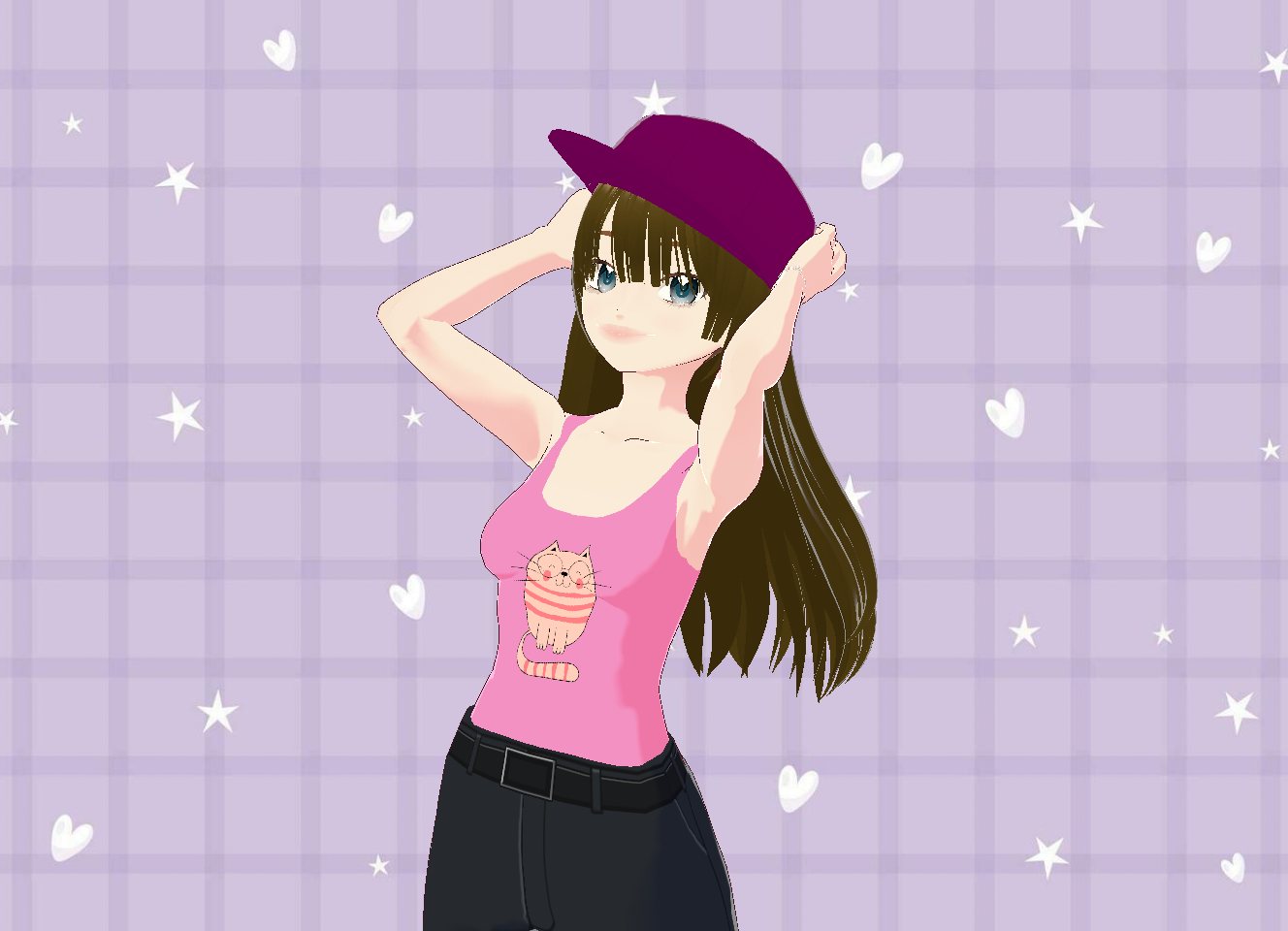 Anime-style avatar with long brown hair in a magenta snapback and a pink cat-print tank top, hands raised to the cap, on a lavender plaid background with stars and hearts