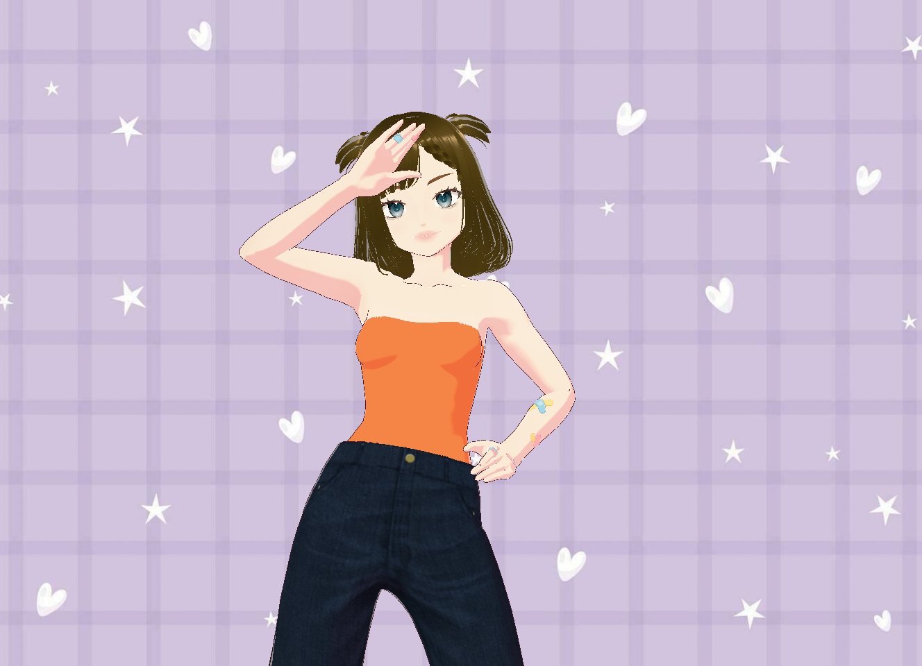 Avatar with a short bob and tiny buns in an orange tube top and wide-leg jeans, one hand at her forehead, on a lavender plaid background with stars and hearts