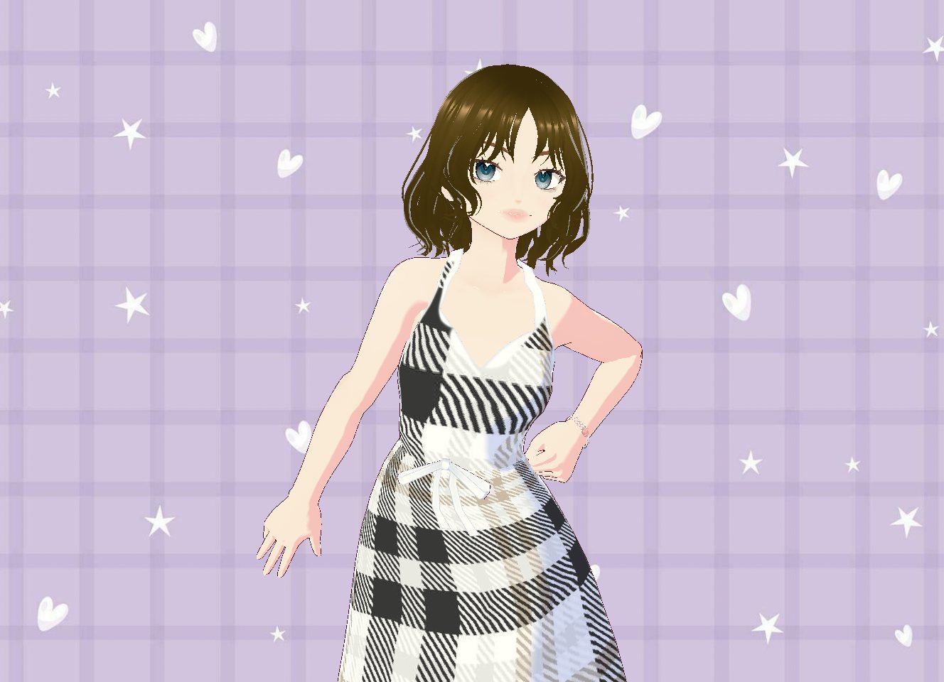 Avatar with wavy short brown hair in a black and white plaid halter dress, on a lavender plaid background with stars and hearts