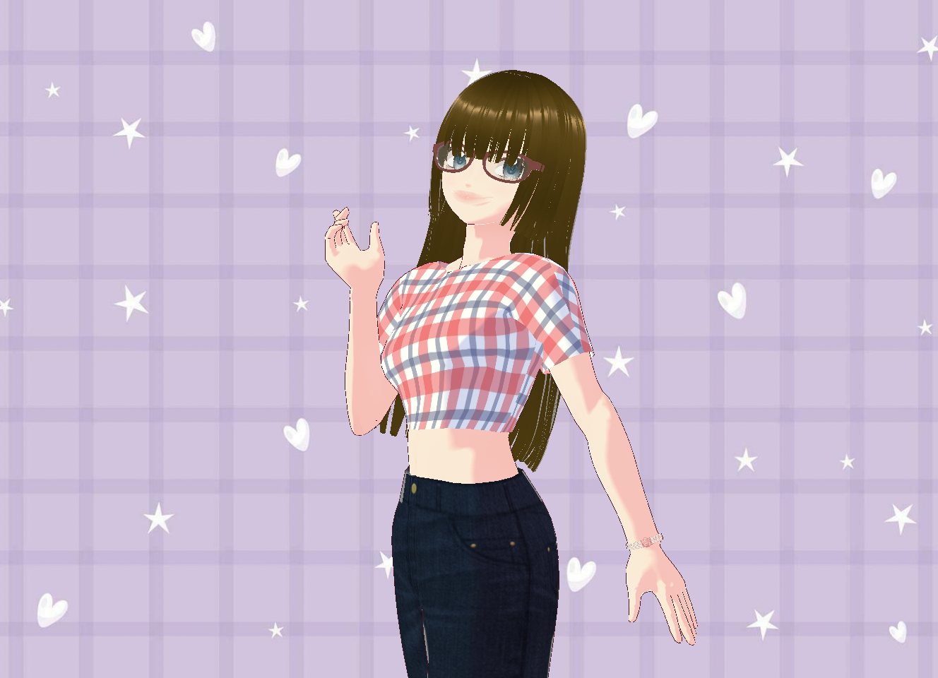 Avatar with long brown hair and red-framed glasses in a red plaid crop top and dark jeans, one hand raised, on a lavender plaid background with stars and hearts