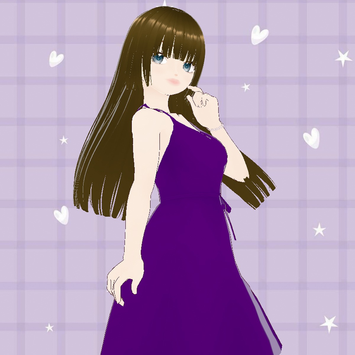 A VR avatar in a purple sleeveless dress, glancing back over her shoulder, against a lavender plaid background with hearts and stars