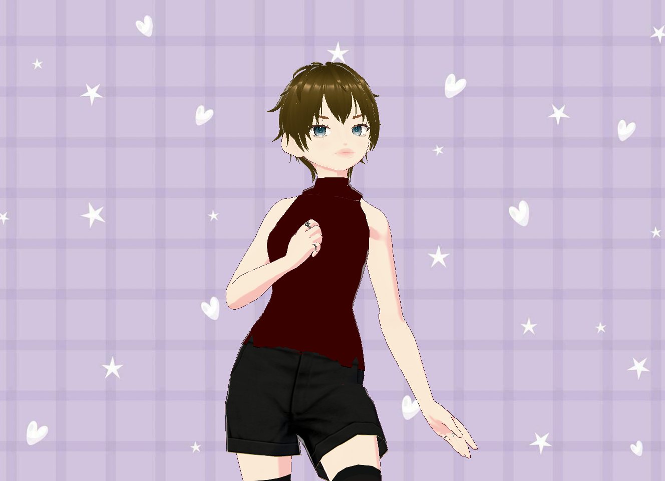 Avatar with short tousled brown hair in a dark red mock-neck top and black shorts, on a lavender plaid background with stars and hearts