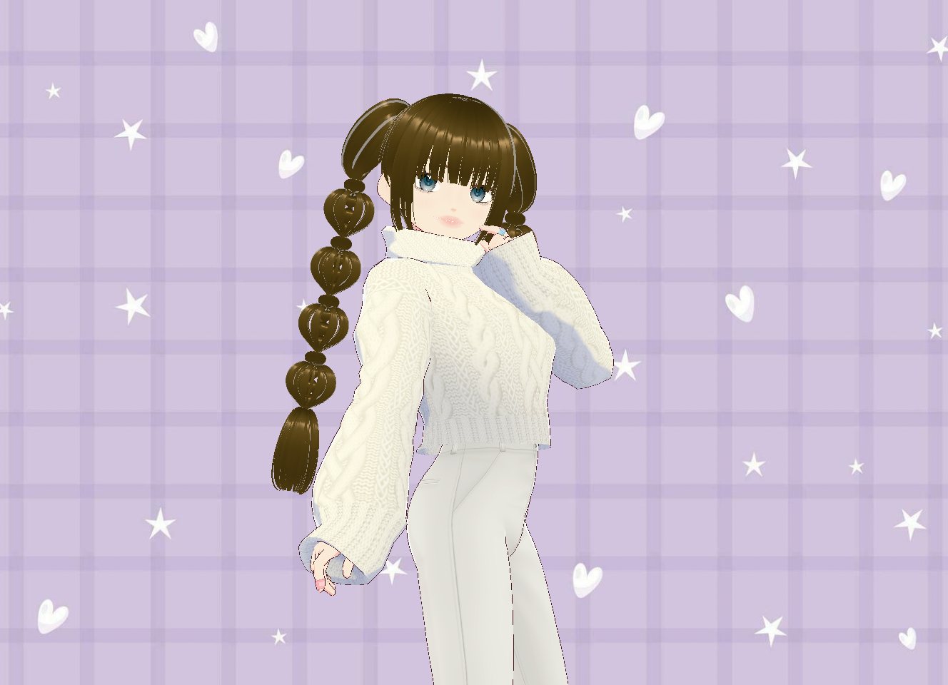 Avatar with a long bubble braid in a cream cable-knit sweater and white trousers, on a lavender plaid background with stars and hearts