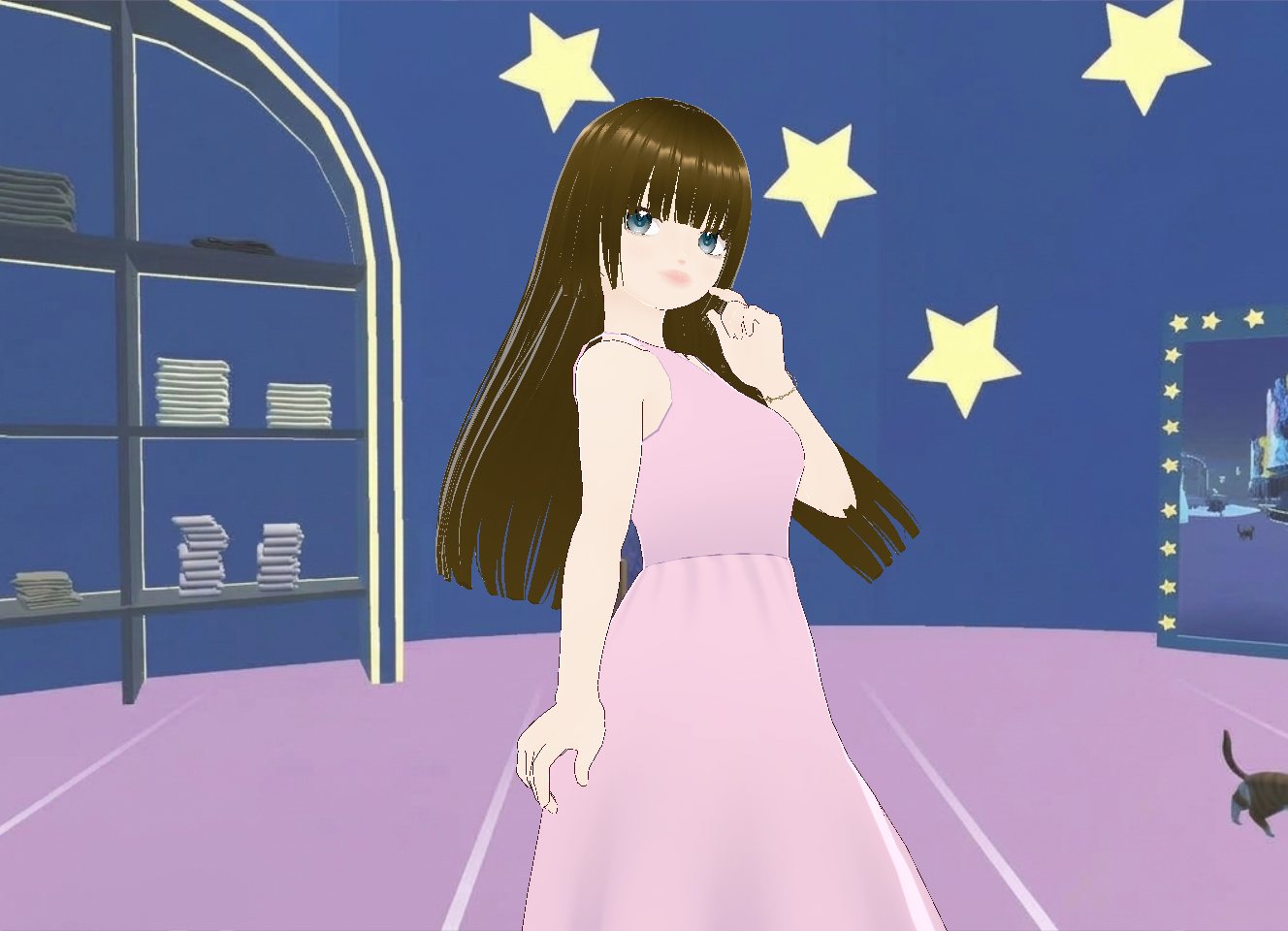 Avatar in a pink dress in the starry blue closet, with a shelf and star-framed mirror behind her
