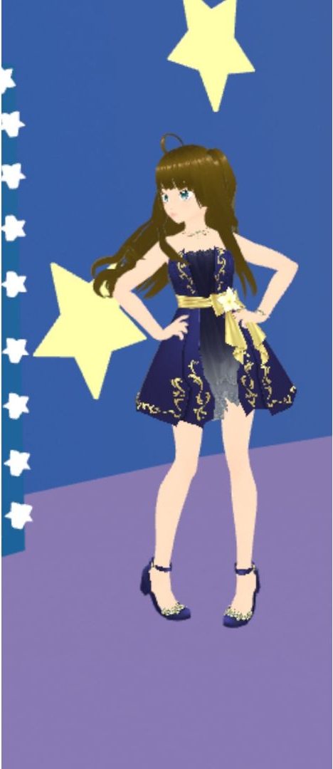 Avatar in a navy dress with a gold sash and gold embroidery