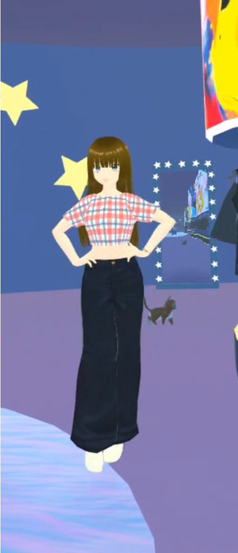 Avatar in a pink plaid crop top and dark wide-leg jeans