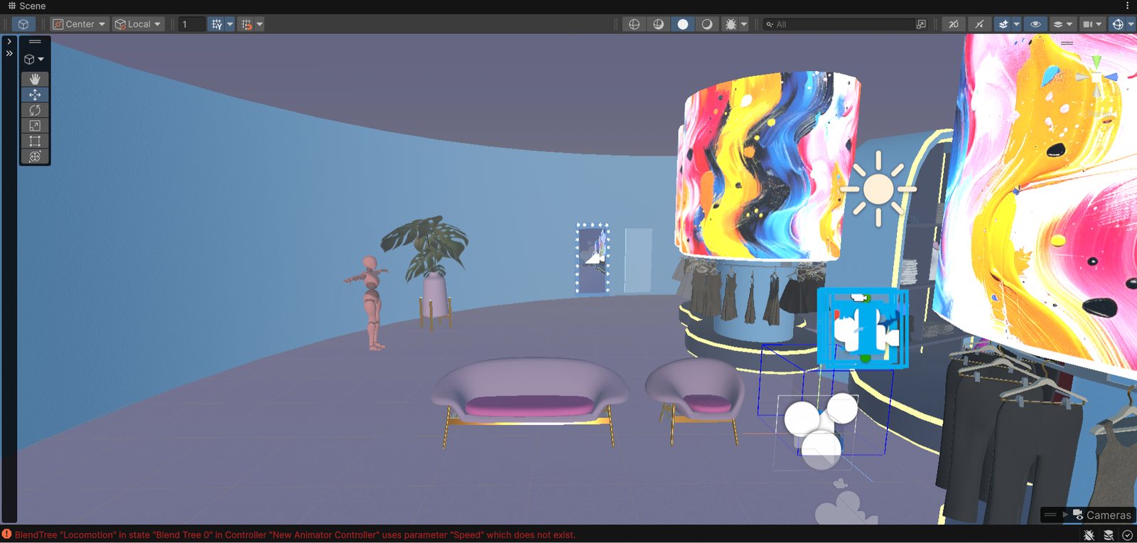 Unity scene view of the lounge corner of the closet with a seating area, with a console warning visible