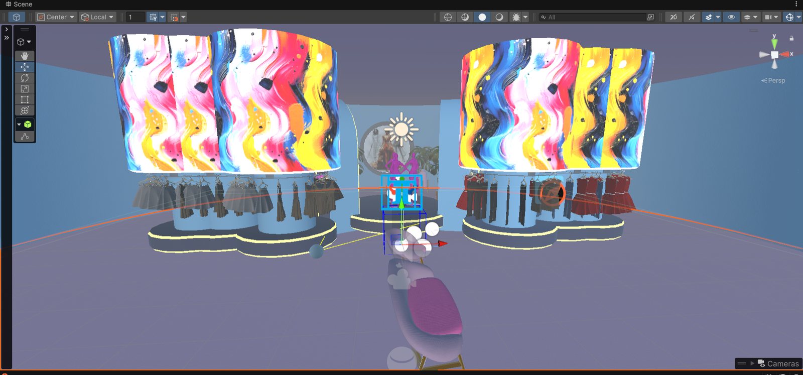 Unity scene view of circular clothing racks with colorful swirled banners