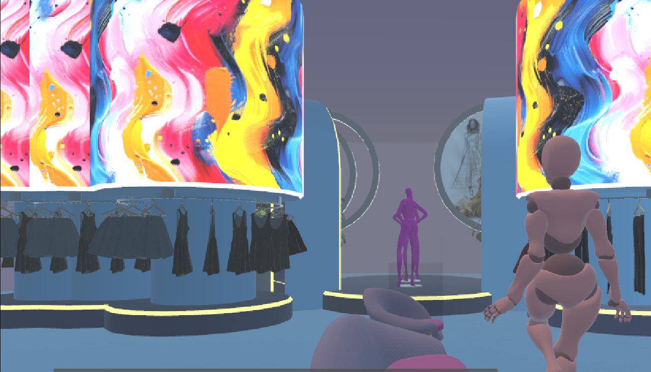 Game view of a wardrobe and store space with a mannequin and XR controller labels for Grab, UI Press, Turn, and Blink