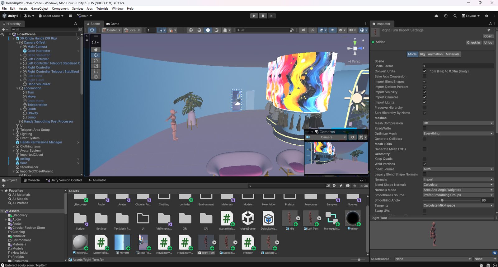 The Unity editor open on the DolledUpVR closet scene, with the scene hierarchy, XR simulator, and project assets visible