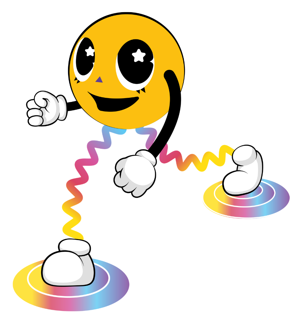 Boing, the Flipped mascot, leaping between rainbow-colored portal rings with big starry eyes and white gloved hands