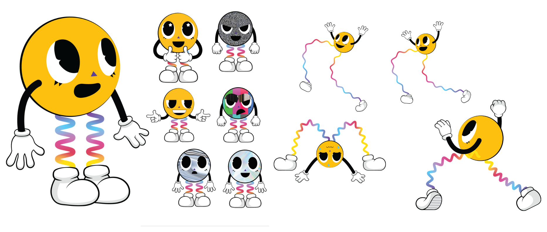 Boing character sheet: a full body pose, a texture and material reference sheet with six face variants, and two in-motion dance poses