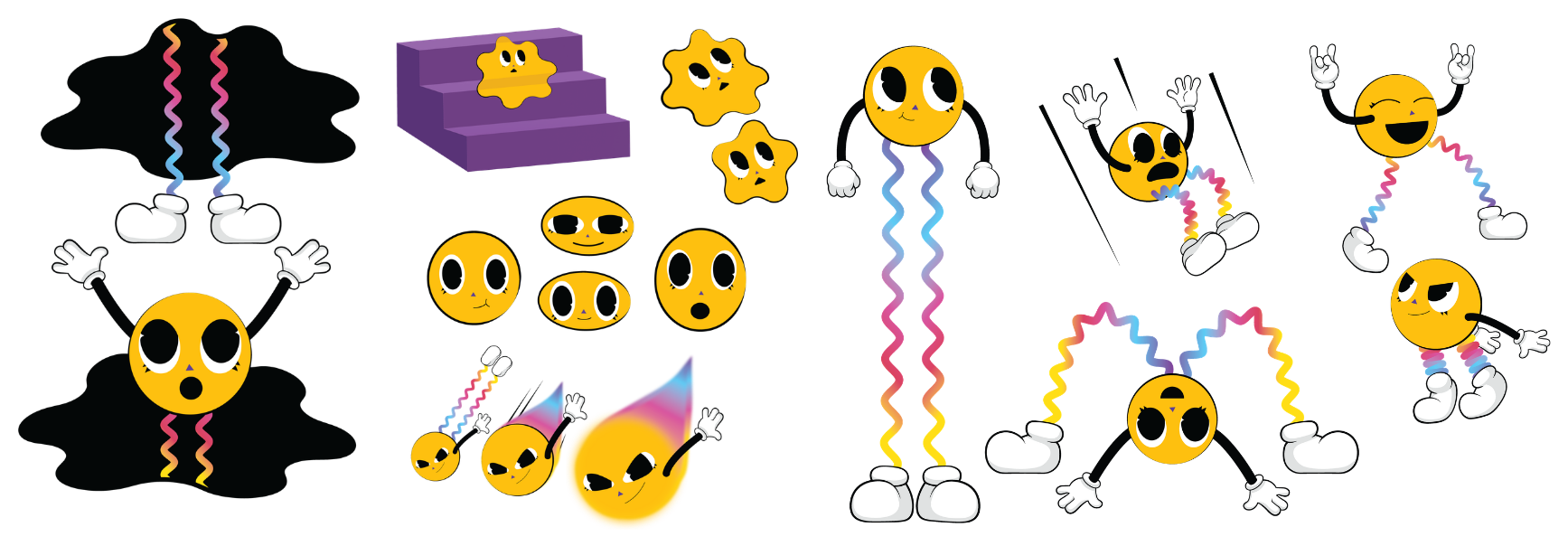 Boing character sheet: a shape-shifting splat pose, a podium prop, star-shaped variants, an expression set, a rolling transformation sequence, and falling and celebration poses