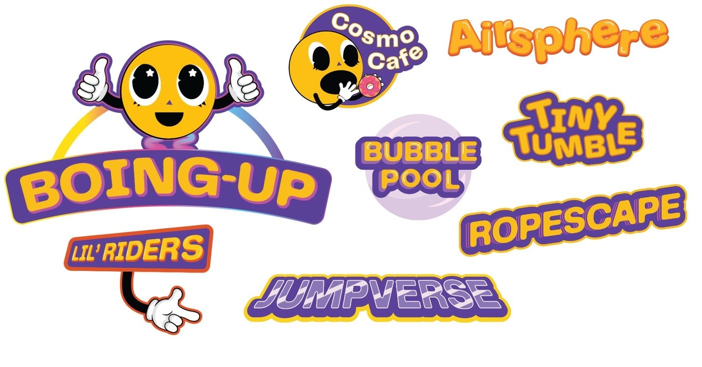 Internal signage badges for each zone of Flipped: Boing-Up, Lil' Riders, Cosmo Cafe, Airsphere, Bubble Pool, Tiny Tumble, Ropescape, and Jumpverse