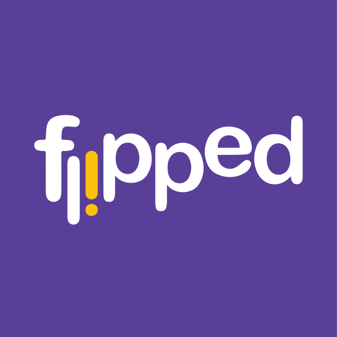 White Flipped logo reversed out of a solid purple background
