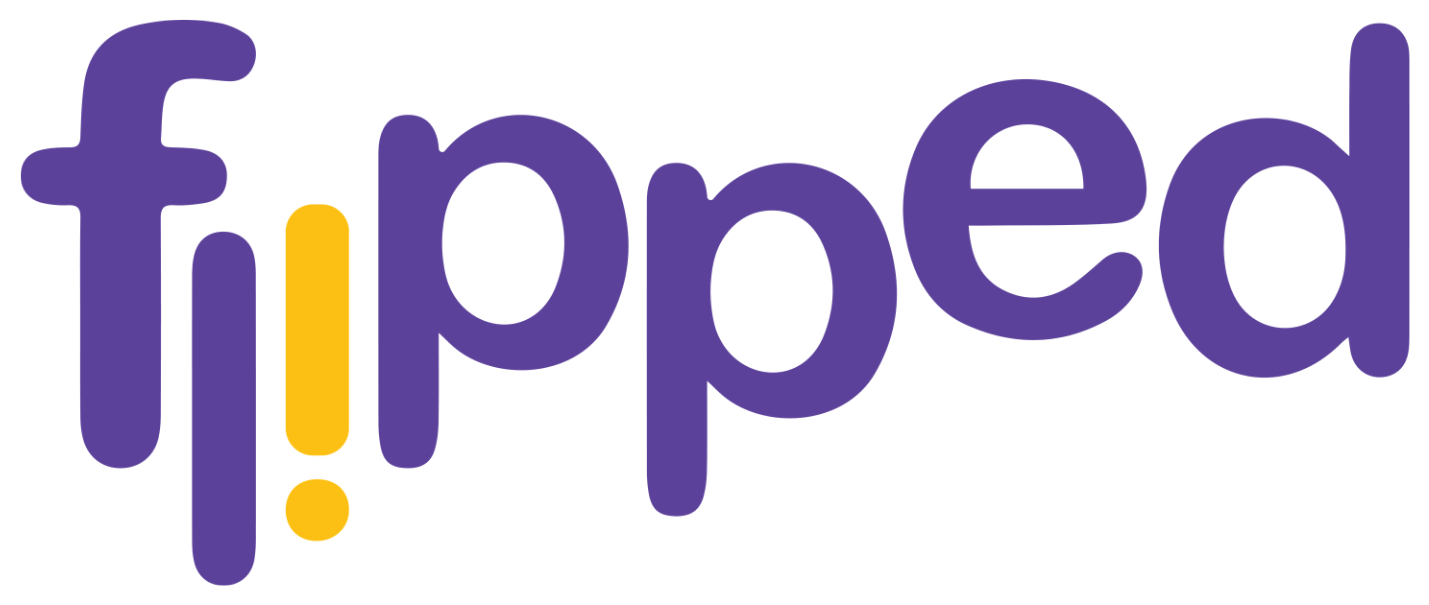 The final Flipped wordmark: rounded purple lowercase letters with a yellow exclamation point standing in for the i