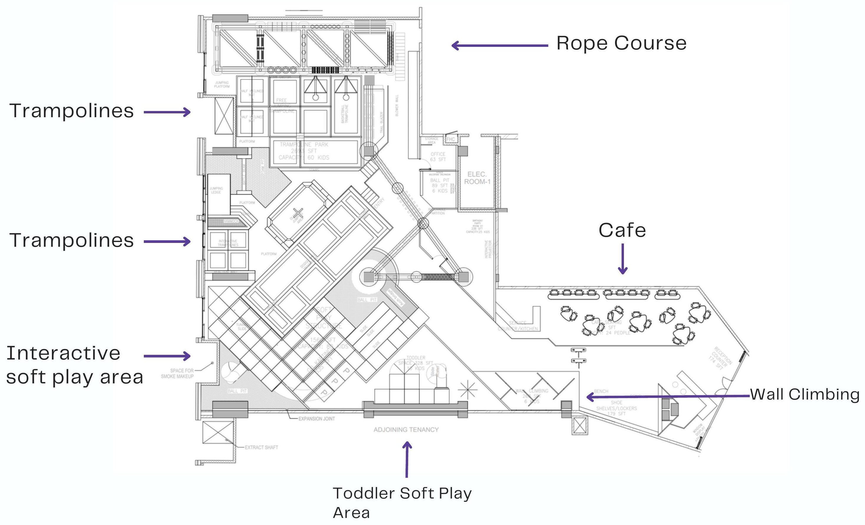 Site layout floor plan for Flipped, labeling the trampoline courts, rope course, cafe, interactive soft play area, toddler soft play area, and wall climbing