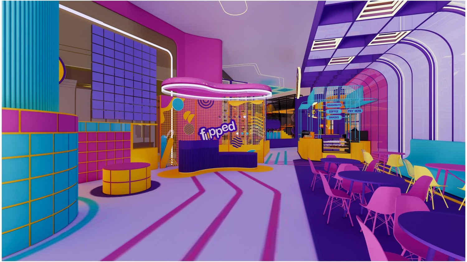 3D concept render of the Flipped cafe seating area, in cyan and magenta