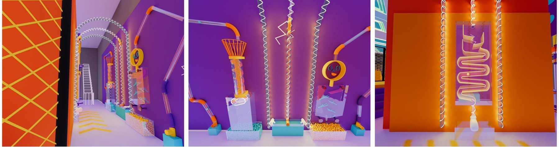 Three concept renders of the Interactive Portal: a glowing archway corridor with suspended slinky-leg sculptures and ball-pit stations