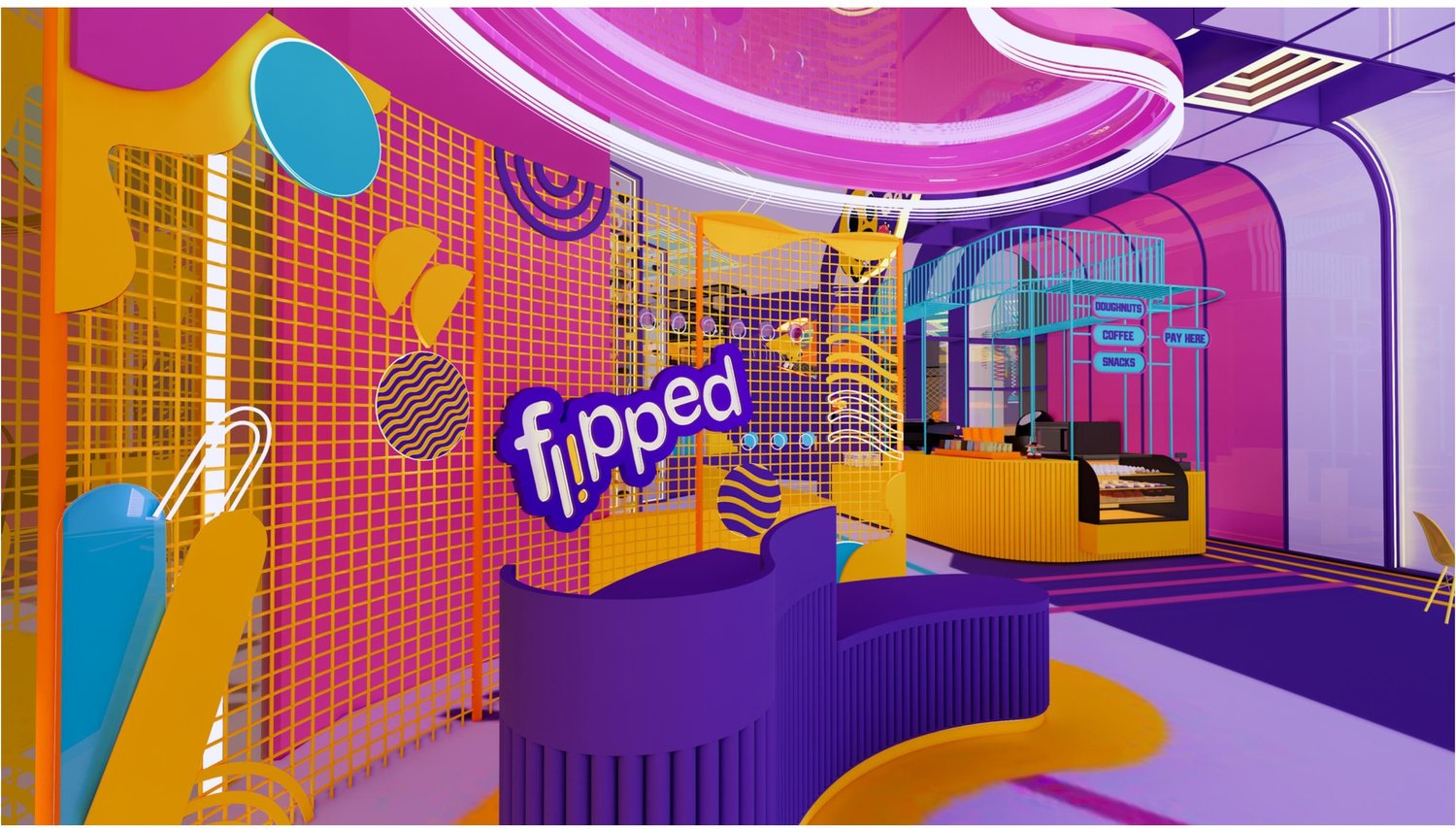 3D concept render of the Flipped reception desk, in magenta and purple with the logo lit up above it