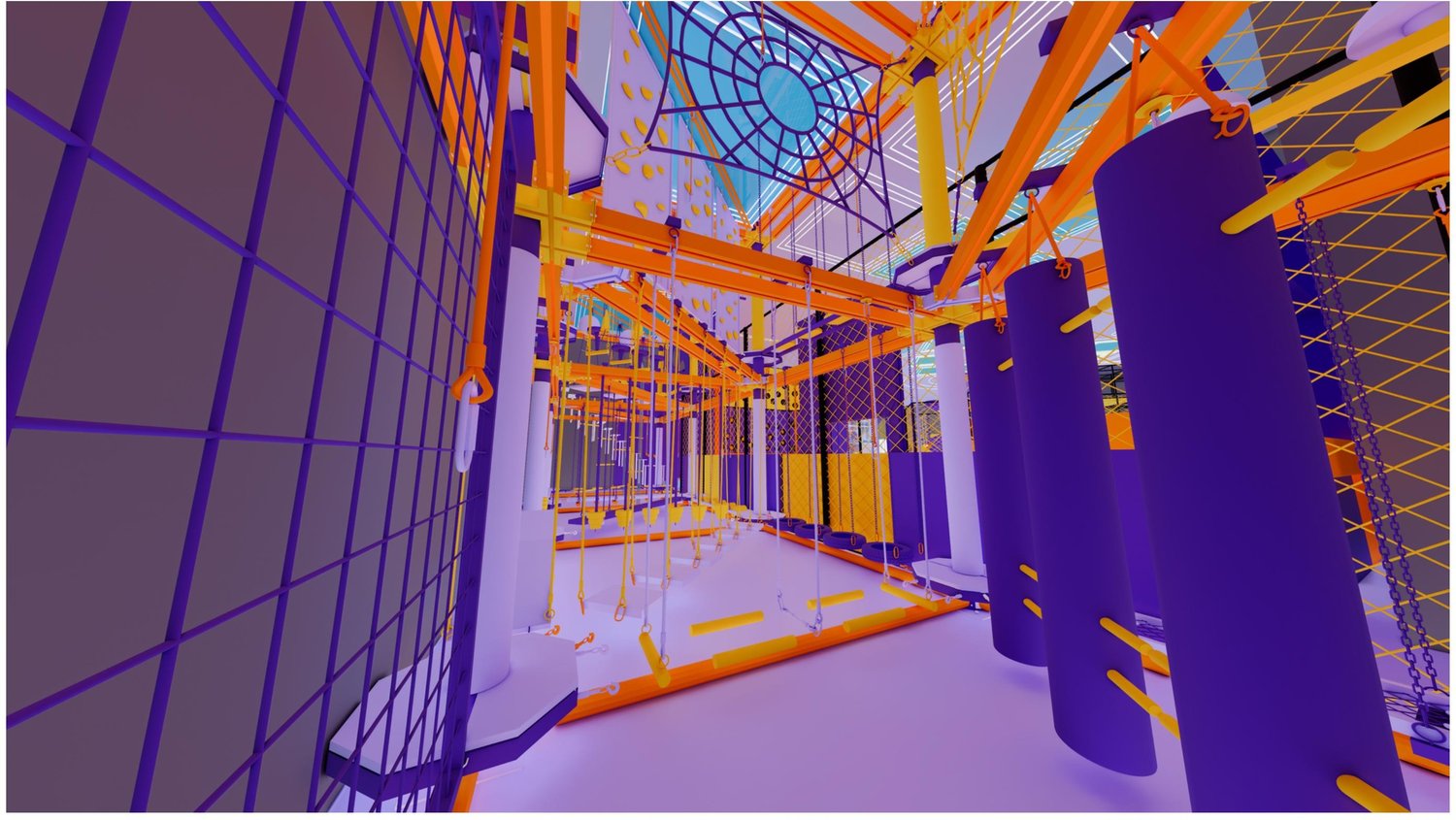 3D concept render of the rope course, with orange netting and purple structural columns