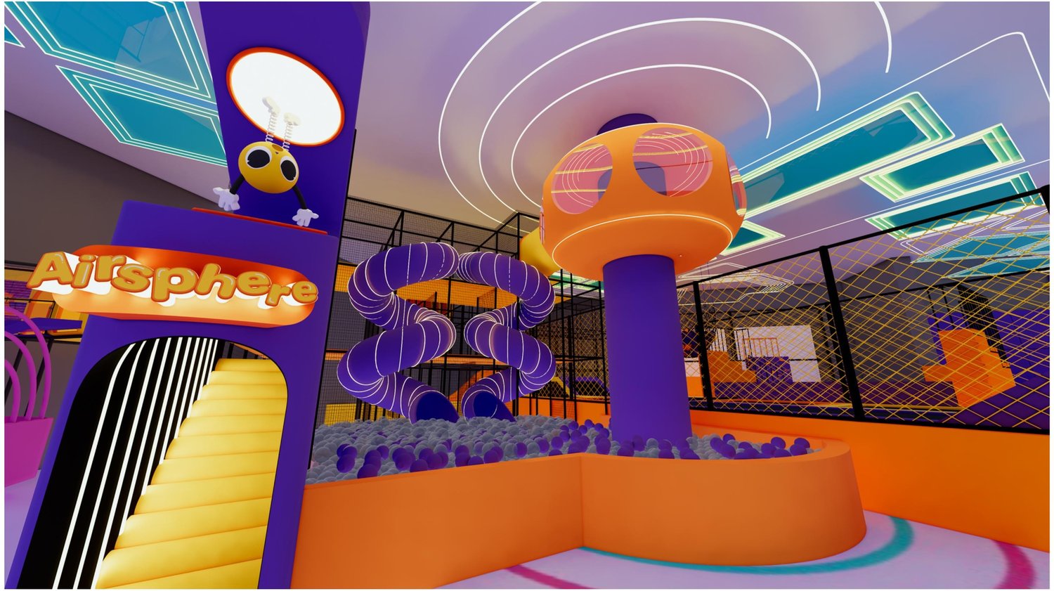 3D concept render of the soft play area, with a central slide tower and Boing mascot graphics