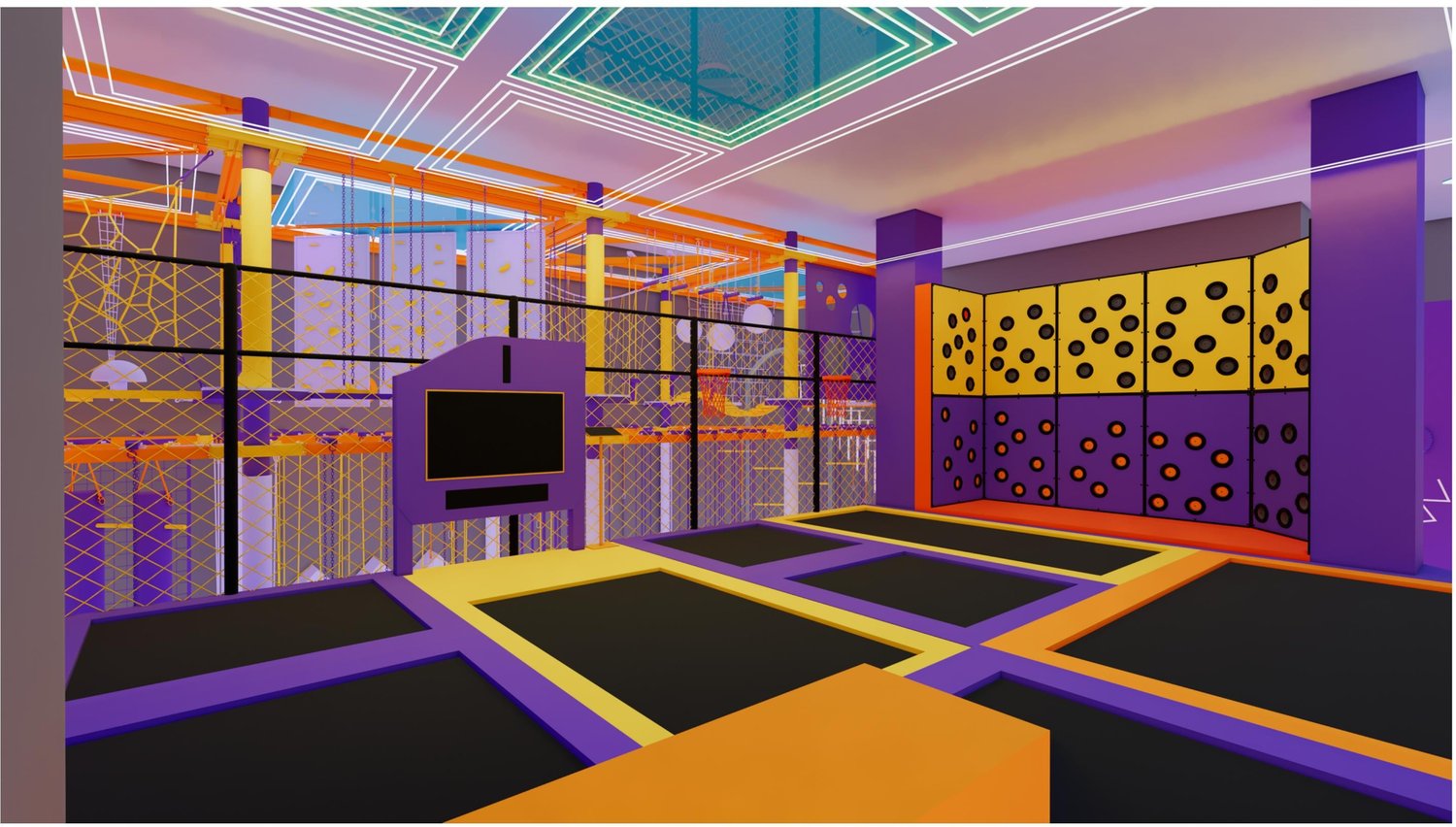 3D concept render of the Trail Blazer obstacle zone, in purple and orange
