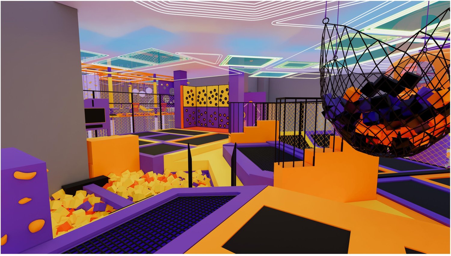 3D concept render of the main trampoline court, with a woven net climbing structure above