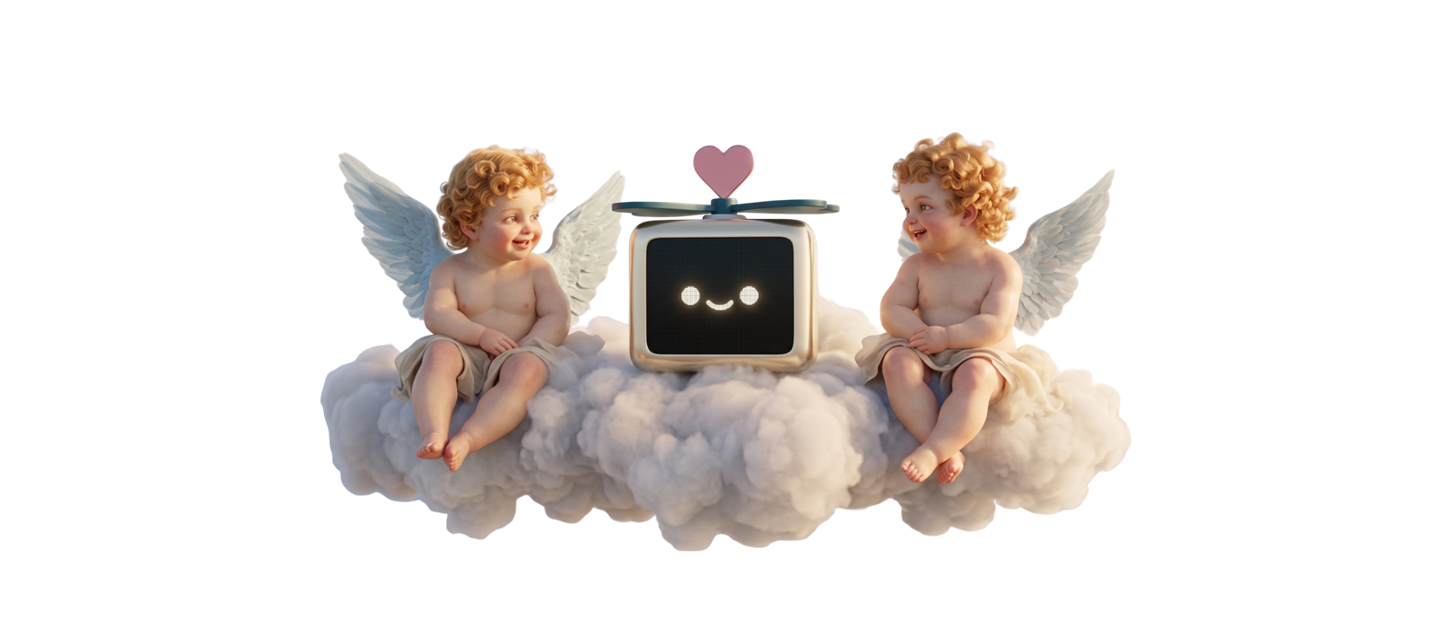 Two illustrated cherubs sitting on a cloud beside a smiling Cubot, evoking Cupid's companions watching over the project