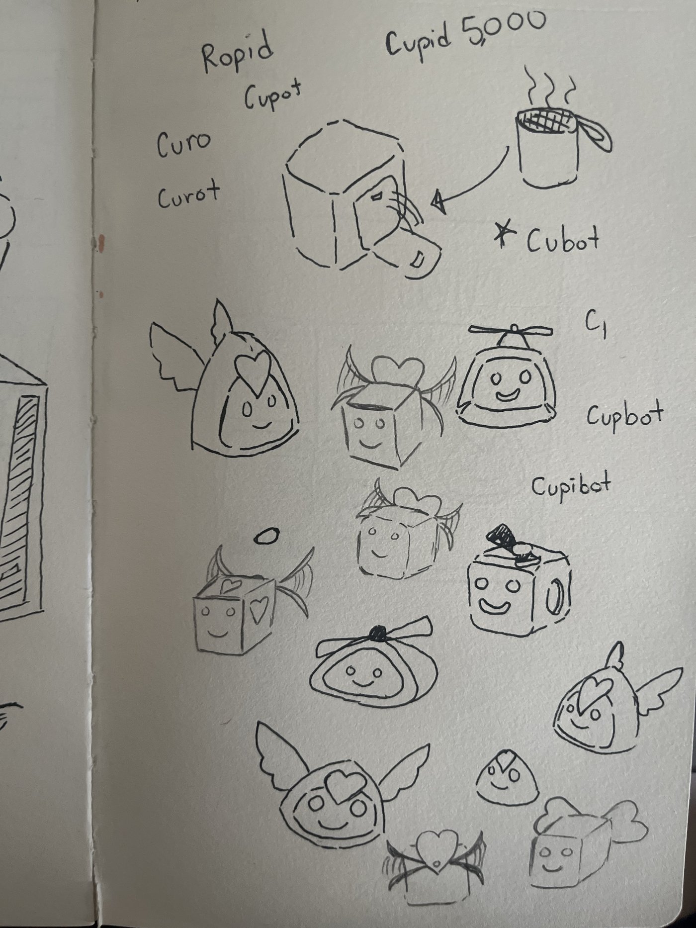 A sketchbook page brainstorming names for the companion, including Ropid, Curo, Curot, Cupot, and Cupid 5000, alongside early box-shaped character sketches