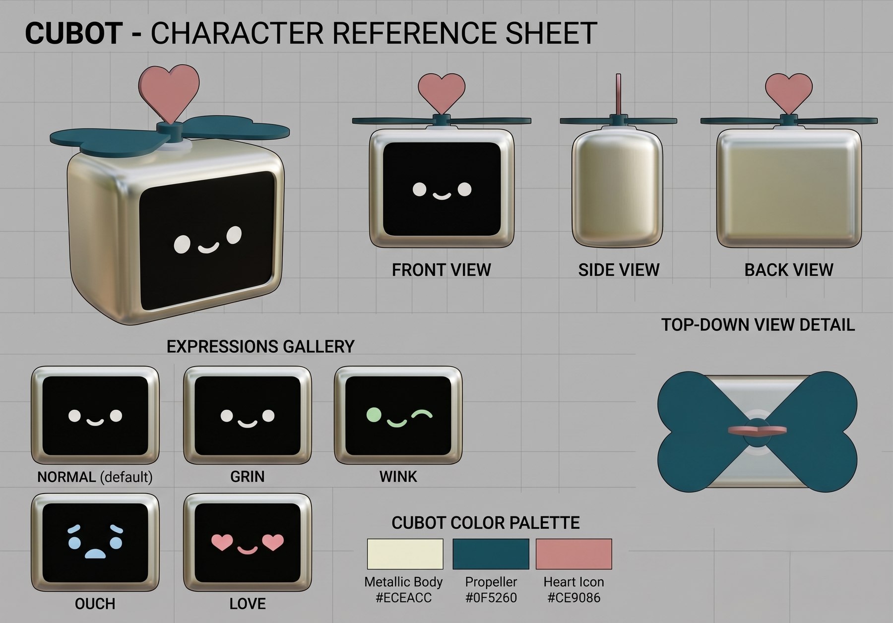 Cubot character reference sheet showing front, side, and back views, a top-down propeller detail, five facial expressions (Normal, Grin, Wink, Ouch, Love), and the color palette for its metallic body, propeller, and heart icon
