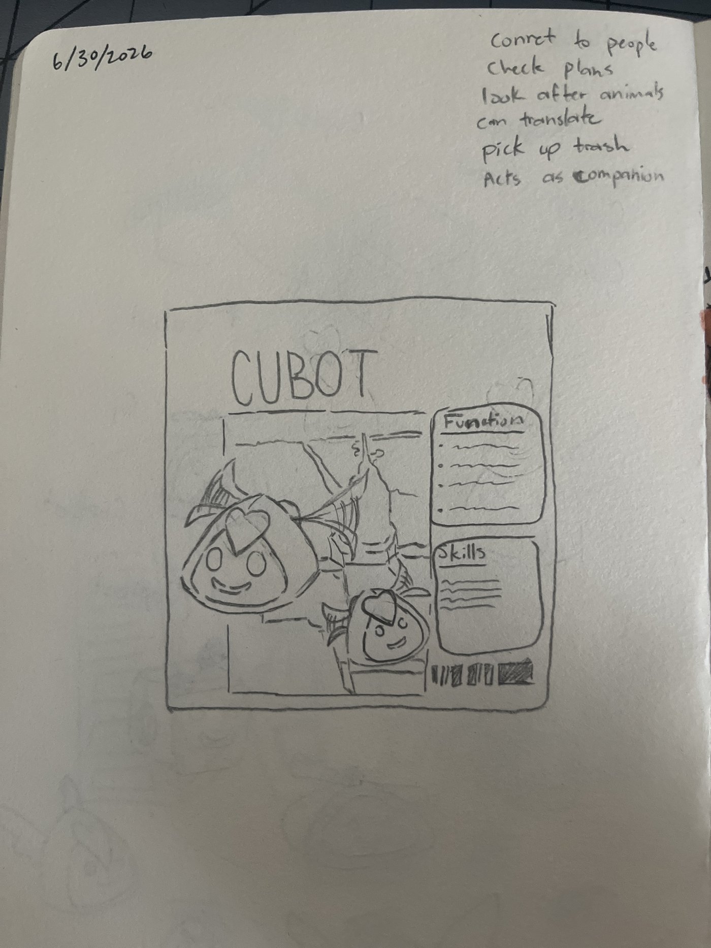 A dated sketchbook page titled Cubot with Function and Skills boxes, and handwritten notes reading: connect to people, check plans, look after animals, can translate, pick up trash, acts as companion