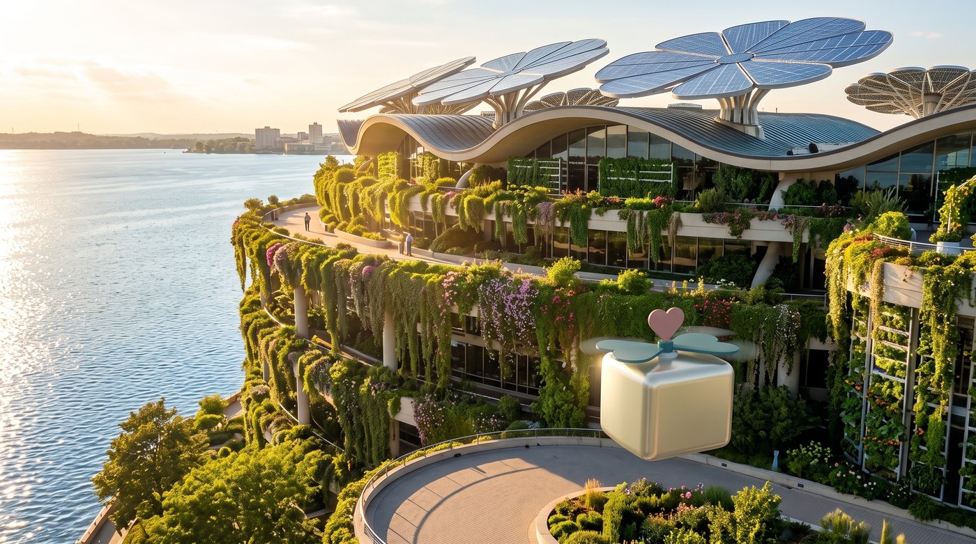 An aerial view of a lakeside building covered in greenery with giant flower-shaped solar panels on its roof, Cubot flying past