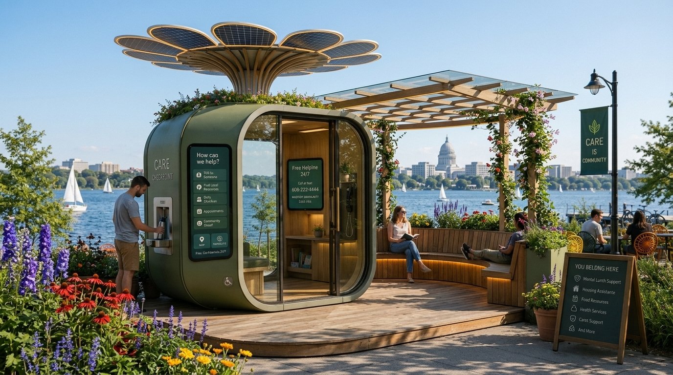 A Care Checkpoint booth beside the lake offering mental health and community resources, with people resting on the surrounding benches