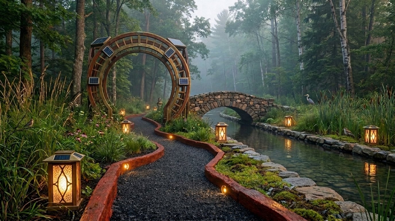 A misty forest contemplative path at dusk, lit by solar lanterns, leading through a circular moon gate and over a stone bridge