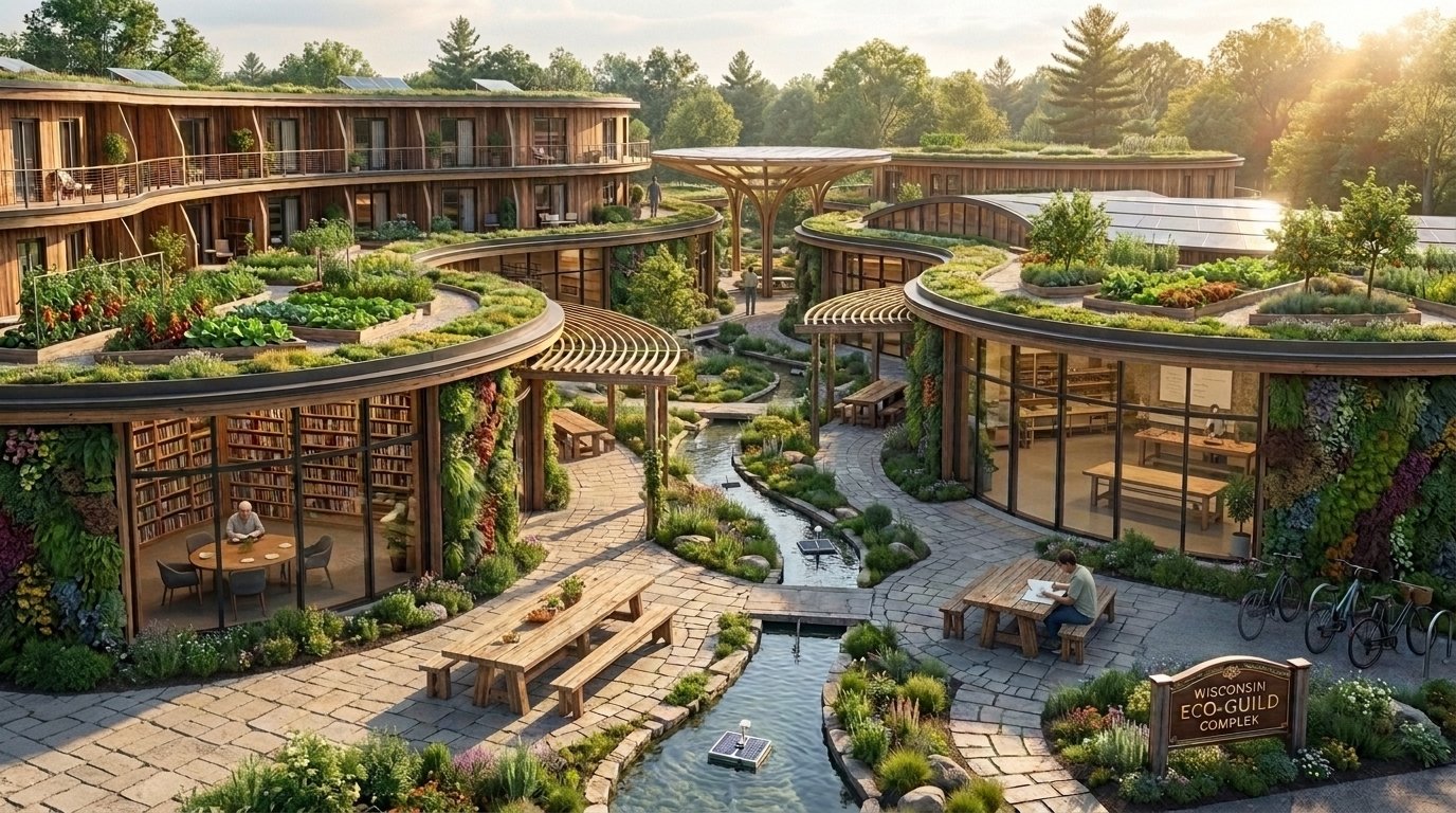 The Wisconsin Eco-Guild Complex, a curved wooden building with rooftop gardens, a library, and community workspaces surrounding a small stream