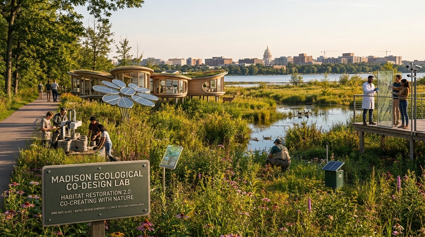 The Madison Ecological Co-Design Lab, wetland research cabins beside a flower-shaped solar sculpture, with researchers monitoring habitat restoration and the Capitol skyline beyond