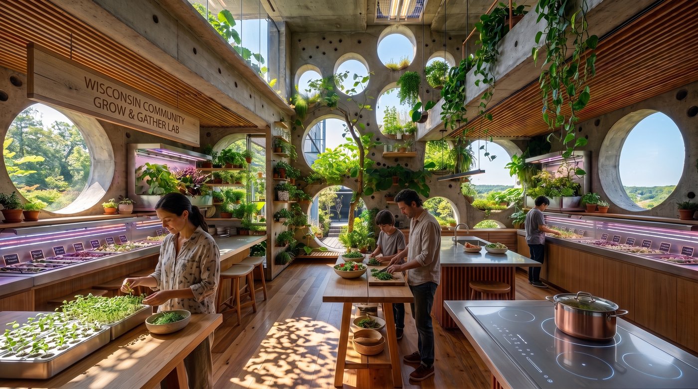 The Wisconsin Community Grow and Gather Lab, an indoor community kitchen and garden space with circular skylights, hanging plants, and families cooking together